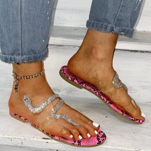 Hot Summer Big Size Womens Shoes Serpentine Rhinestone Slippers Fashion Flat Serpentine Beach Slides Ladies New Bling Sandals