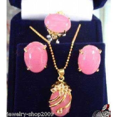 Hot selling> Jewelry Pink Natural stone pendant earring ring sets ^^ watch Quartz stone CZ crystal -Bride jewelry free sh