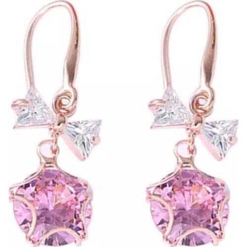 Cute Female Crystal Round Star Bow Drop Earrings Fashion CZ Rhod Zircon Stone Earrings White Pink Dangle Earrings For Women