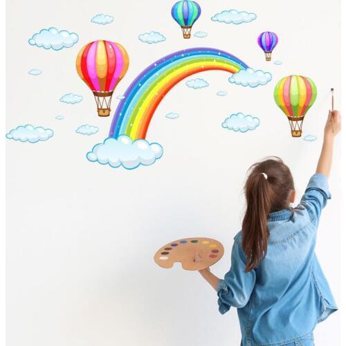 Cartoon rainbow cloud hot air balloon background sticker for kids baby room decor mural art decals home decor stickers wallpaper