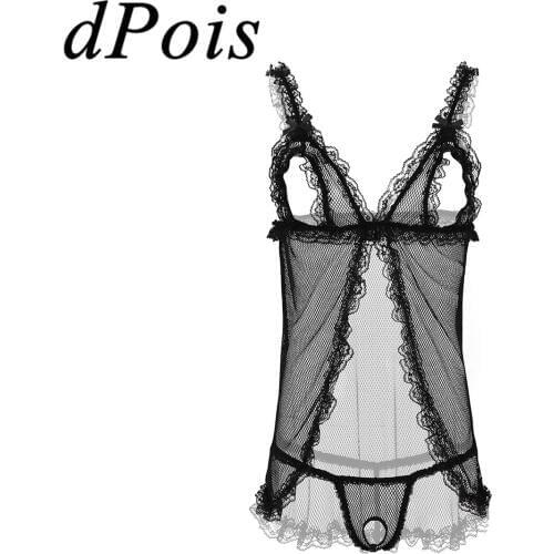 DPOIS Men Erotic Lingerie Suit Sissy Adult Man Transparent Sheer Lace Sleepwear Open Cup Tops & G-String Thong Bikini Underwrar