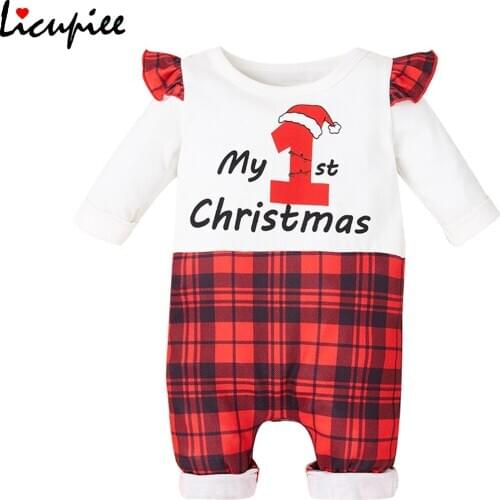 My 1st Christmas Newborn Baby Boy Girl Romper Plaid Romper Long Ruffle Sleeve Playsuit Patchwork Jumpsuit Clothes Outfit 0-28m