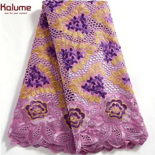 Kalume Latest African Hole Swiss Lace Fabric Stones Nigerian Cotton Lace Fabric High Quality 5 Yards For Diy Women Dress F2526