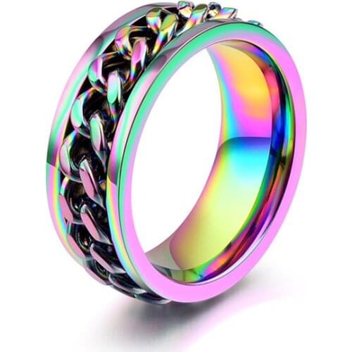 New Rainbow Colorful Chain Ring 8MM Spinner Rotate Men Males Rings Pun Rock Fashion Jewelry USA Size