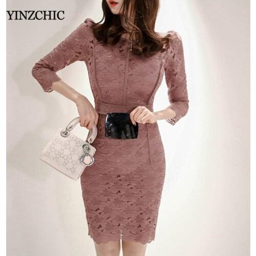 New Spring Woman Lace Mini Dress O-neck Ladies Slim Bodycon Dresses OL Elegant Short Pub Dress Dark Pink Dress Party Dress