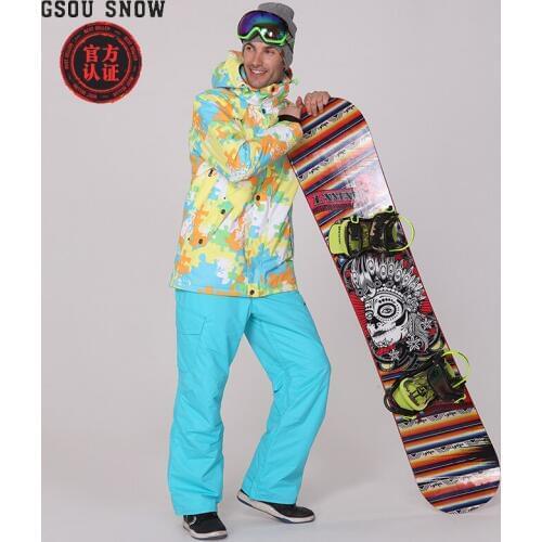 New gsou snow mens ski suit snowboarding suit skiwear yellow with light blue jacket and light blue pants waterproof 10K