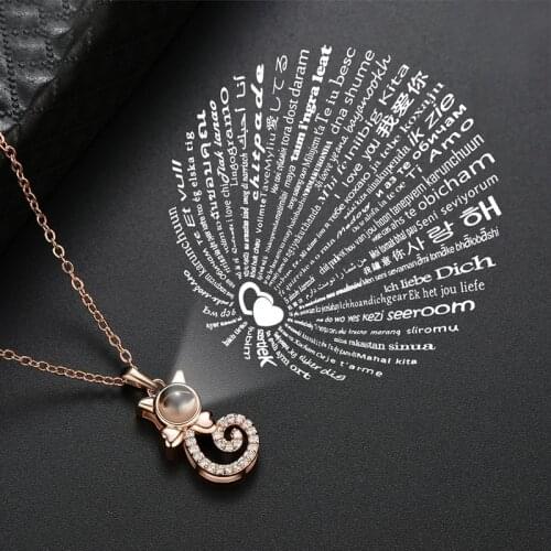 Dropshipping Rose Gold Silver 100 Languages I Love You Projection Cute Cat Pendant Necklace Memory Fine Crystal Necklaces