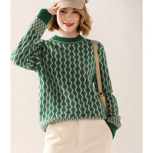 New Year Womens O-Neck Sweater 100% Pure Wool Knit Pullover Oversized Sweater Loose Ladies Popular Sweater Womens Top