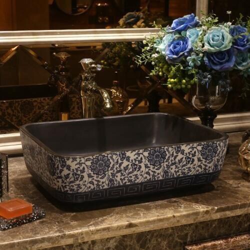 Retro Rectangular China Artistic Handmade Europe Vintage Lavabo Washbasin Ceramic Art Counter Top above counter basin Bathroom