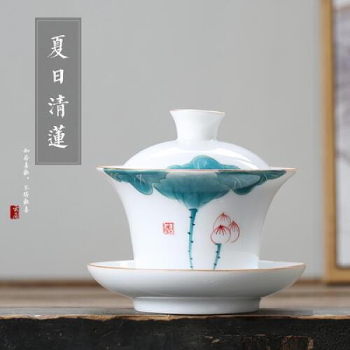 Hand Painted Ceramic Tea Tureen Kung Fu Pu'er Black Tea Oolong Teaware Large Hand Catch Bowl Chinese Tea Ceremony Accessories