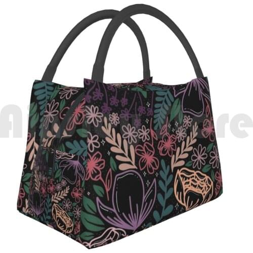 Cooler Lunch Bag Picnic Bag Night Florals Night Florals Multicolored Flowers Outline Plants Pink Purple Green