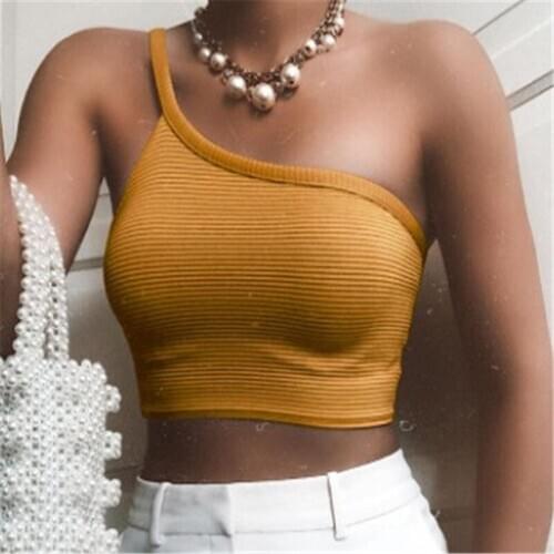 Fashion Women Sexy Tank Tops Solid Color Single Shoulder Sleeveless Exposed Umbilicus Tops Clubwear Summer Slim Casual Clothes