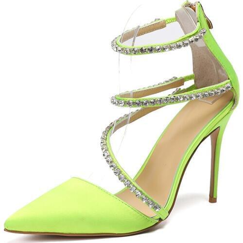 Free shipping fashion sexy lady neon green satin crystal strappy point toe high heels shoes stiletto heel 10cm big size