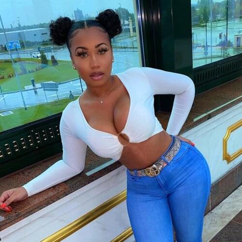 Women’s Summer Long-sleeved Top Fashion Solid Color V-neck Hollow Ring Exposed Navel T-shirt