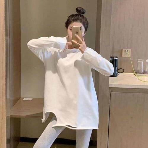 Woman Tshirts 2021 Mid-Length Long Sleeve T-shirt Loose Hole White Top Ropa Mujer Camisetas