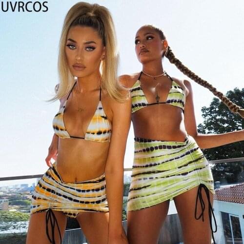 UVRCOS Stacked Printed Casual 3 Piece Sets Bikini Crop Top+Underpants+Drawstring Skirt Resort Wear Women 2021 Summer Vogue Suits