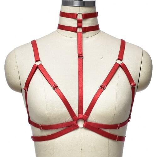 Women Red Body Harness Belt Elastic Adjustable Bondage Sexy Open Chest Bra Hollow Goth Punk Body Cage Harness Lingerie Bra