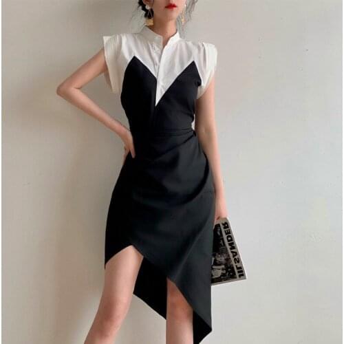 Summer Women Black White Patchwork irregular Dress Lady Chic Fit Fashion Tide Mide Dresses Female Bodycon Slim Vestido