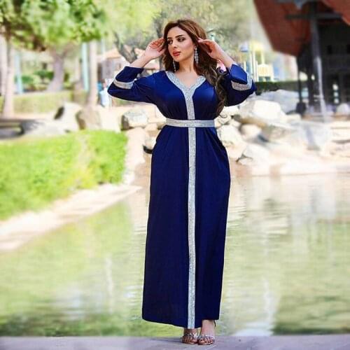 Muslim Islamic Ethnic Abaya Satin Maxi Dress For Women Plus Size Turkey Arabic Diamond V Neck Long Sleeve Jalabiya 2021 Summer