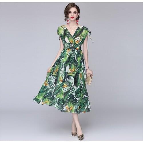 2021 Summer Womens Dress Vacation Casual Style V-neck Printed Lace-up Bowknot Dress New Waist Female Slim Dresses X353