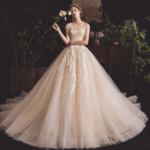 2021 Wedding Dress O-Neck Short Sleeves Appliqué Beads Sequins Women Ball Gown Royal Train Vestido De Noiva Robe De Mariee