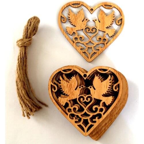 New 10pcs Handmade Carved Heart Love Birds Wooden Pendants Birthday Wedding Party Exquisite Cute Hollow Hanging Ornaments Decor