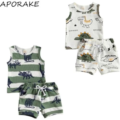 2021 0-24M Baby Boy Clothing Summer Tracksuits Cartoon Dinosaur Print Sleeveless Vest+Shorts Soft Cotton Breathable 2pcs