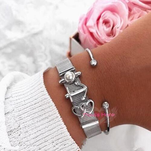 Mavis Hare Silver Color Strap Bracelet with Pearl & Double Hearts & Anchor Slide Charms and Stainless Steel Crystal Cuff Bangle