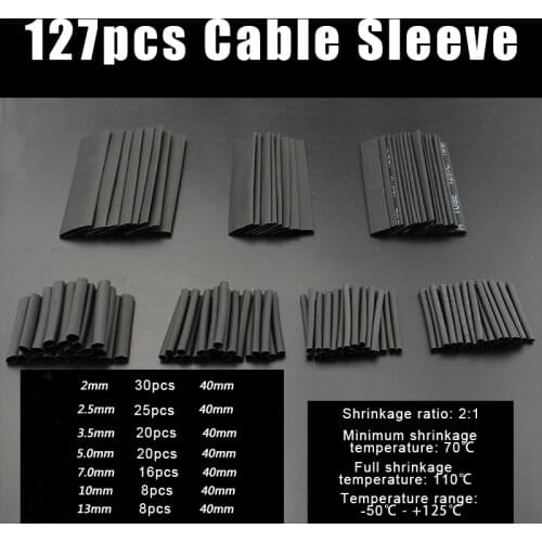 127pcs/lot Heat Shrink Tubing 7.28m 2:1 Black Tube Car Cable Sleeving Assortment Wrap Wire Kit with Polyolefin Assortment