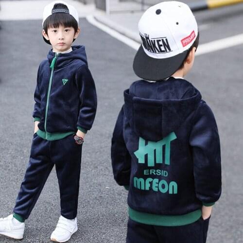 Children Clothing Set Double-sided Velvet Fashion Letter Hooded 2PCS Hoodies+Jogger Pants Kids Boys Tracksuit for Autumn Winter