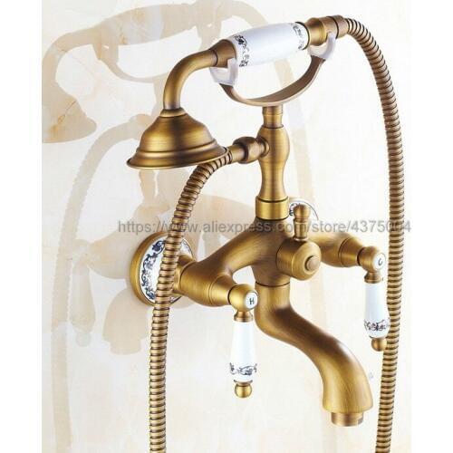 Dual Ceramic Handles Wall Mounted Antique Brass Bathroom Tub Faucet with Hand Held Shower Sprayer Ntf310