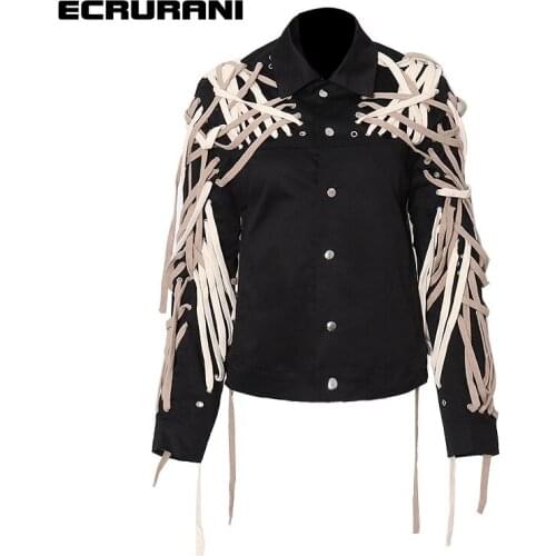 ECRURANI Patchwork Bandage Casual Jackets For Women Lapel Long Sleeve Hit Color Streetwear Coats Female 2021 Fashion New Clothes