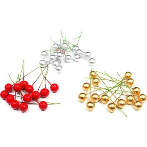 100pcs Artificial Flower Christmas Xmas Foam Berry Stamen For Wedding DIY Scrapbooking Home Decorative Wreath Fake Flowers Fruit