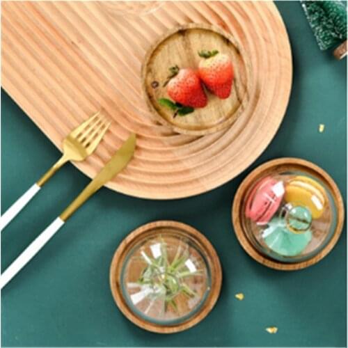 Msjo Mini Wooden Dessert Plates With Glass Cover Candy Plate Macarons Tray Birthday Party Wedding Decoration Cup Cake Stand