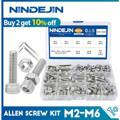 NINDEJIN Hex Hexagon socket cap head screws set allen head screw kit m2 m2.5 m3 m4 m5 m6 stainless steel DIN912 bolt and nut kit