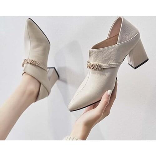 New Ladies High Heels Zlah Simple Thick Heel High Heels Fashion Mid-heel Pointed Deep Mouth Single Shoes All-match Womens Shoes
