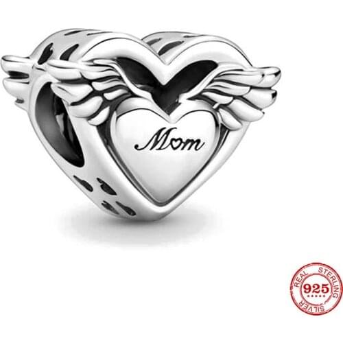 New Original Silver Color Angel Wings & Mum Charm Diy Bead Fit European Pandora Charms Bracelet Bangles Diy Jewelry P416