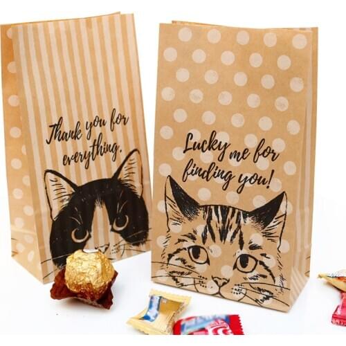 5pcs Cute Cat Kraft Paper Bag Dots and Striped Gift Bag Party Wedding Decoration Candy Bag Food Cookies Packing Paper Bag