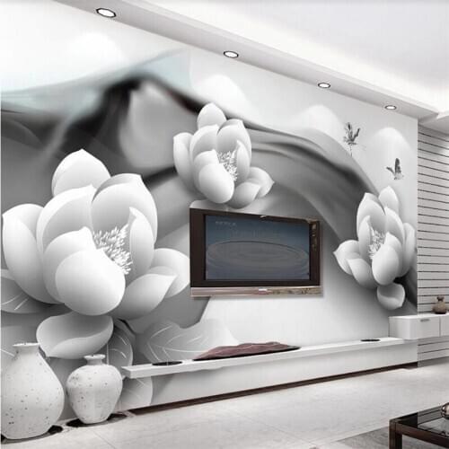 Custom wallpaper 3d large photo mural black and white ink lotus butterfly simple 3d TV background wall living room bedroom обои