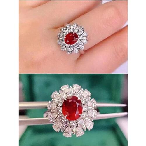 Luxury Red Crystal Ruby Gemstones Diamonds Flowers Rings for Women 18k White Gold Filled Jewelry Bijoux Vintage Bands Accessory