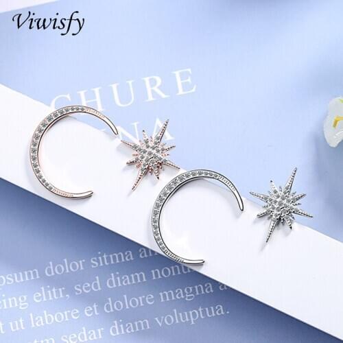 Viwisfy Rose Gold Solid 925 Sterling Silver Jewelry Earring Wedding Crystal Moon Star Asymmetric Stud Earrings For Women VW21076