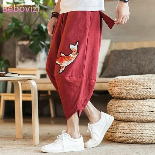 Plus Size M-5XL New 2021 Summer Chinese Cotton Linen Beach Loose Harem Pants for Men Gray Red Black Thai Japan Kimono Bloomers
