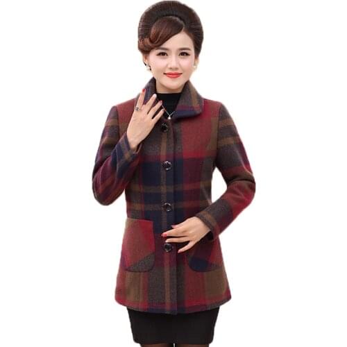 Middle-aged Elderly Mother Coats 2020 Spring Autumn Blended Woolen Plaid Coat Female Tops Short Jacket Outerwear Plus Size 5XL