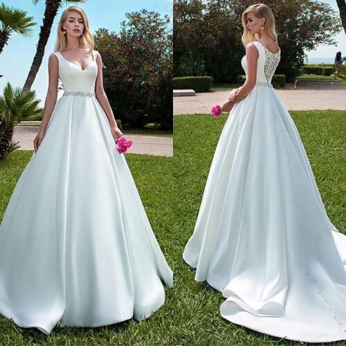 Simple Satin Wedding Gowns V-Neck Floor Length Beaded Belt Appliques Back Bridal Dress Custom Made
