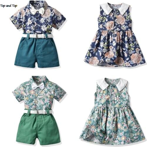 Top and top NEW Summer Hawaiian Brother and Sister Matching Outfits,Kids Boys Gentleman Clothes Sets+Girls Floral Princess Dress