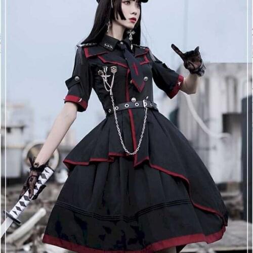 Spring and Autumn Solid Color Military Uniform Womens Dress Inch Sleeve Sleeve Loser Dust Tie Skirt Full Set Dress Lolita Origi