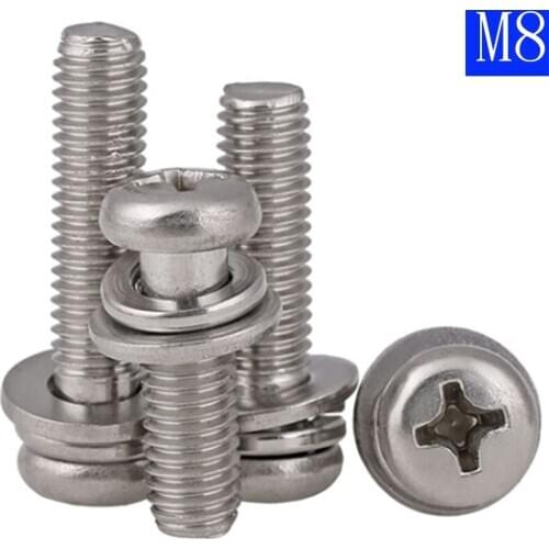 M8 - 1.25 8mm 304 Stainless Stell Cross Recessed Pan Head Screw, Spring Lock Washer and Plain Washer Assemblies Phillips