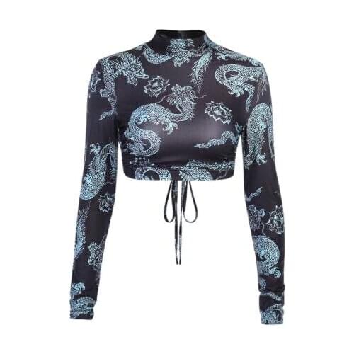 Ruibbit Gothic Women Bodycon Long Sleeve T-shirts Sexy Hollow Out Backless Bandage Tops Street Vintage Dragon Print Female Tees