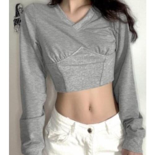 Womens Sexy V-neck Sweatshirt Girls Solid Color Long-sleeved Top, Tight High Waist Blouse