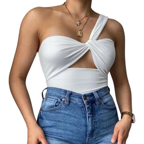 2021 Fashion Women Sexy Knotted Tank Top Summer Sleeveless Hollow Out Slim Fit Crop Top Holiday Casual One Shoulder Camis Tops